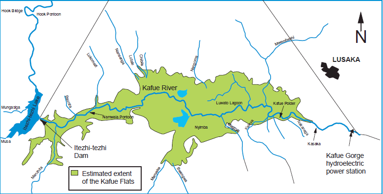 Extent of the Kafue Flats (Gossert, A and Haugstetter, J. 2005. Hydroelectric Power Production at the Kafue River. The Science and Politics of Large Dams Research Seminar. Zurich)