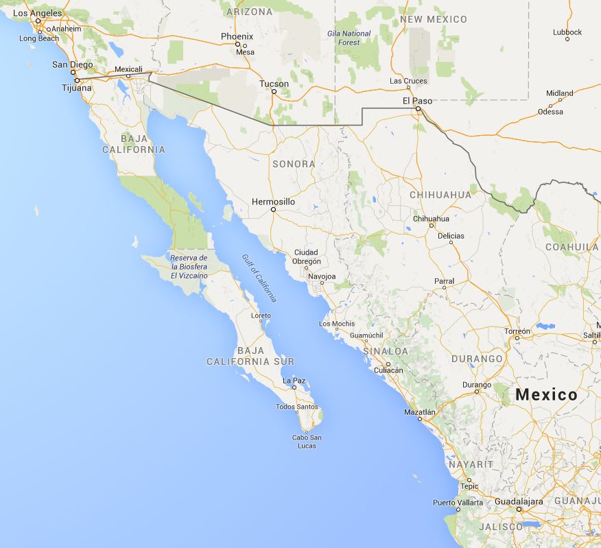 Map of Baja California, Mexico. La Paz is located in the sourthern part of the peninsula overlooking the Sea of Cortez.