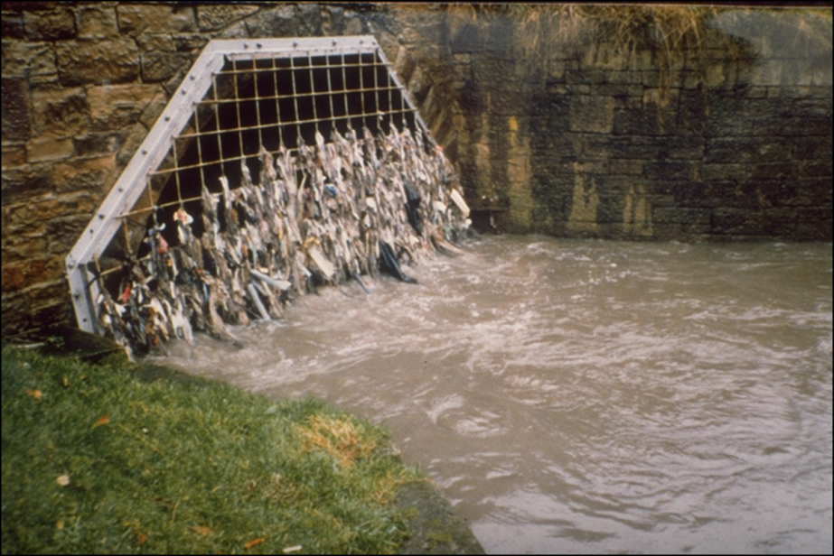 Figure 2: a single CSO event in Gloucestershire, UK. In this case, an intense rain event, combined with reduced sewer capacity through sediment infilling has meant that foul water is overflowing directly in the natural environment. The debris caught on the grating is mostly composed of nappies and wet wipes.