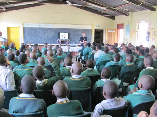 Debbie Smith talks to schoolchildren in Swaziland