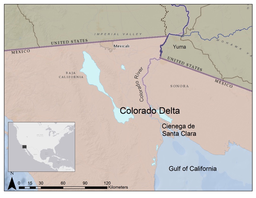 Map of the Colorado Delta and a portion of the U.S.-Mexico border region