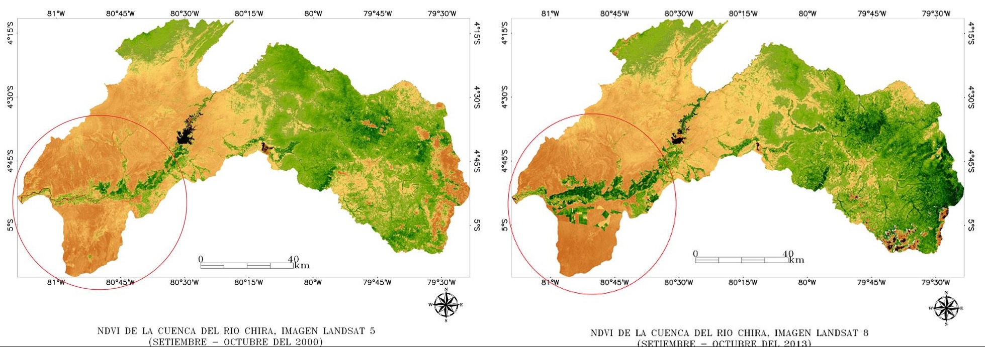 Remote sensing images showing greening in the Chira Valley from 2000 to 2013 (red circle)